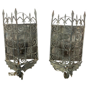 Pair of Gothic Revival Metal Iron Dragon Sconces