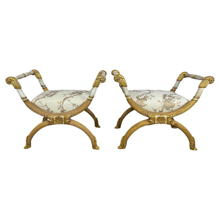 Pair of Italian Neoclassical Curule Stools w/ Fortuny Upholstery