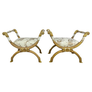 Pair of Italian Neoclassical Curule Stools w/ Fortuny Upholstery