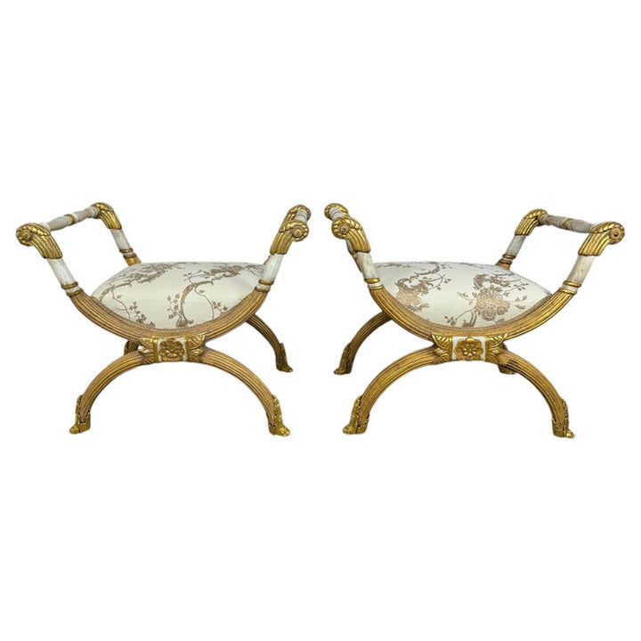 Pair of Italian Neoclassical Curule Stools w/ Fortuny Upholstery