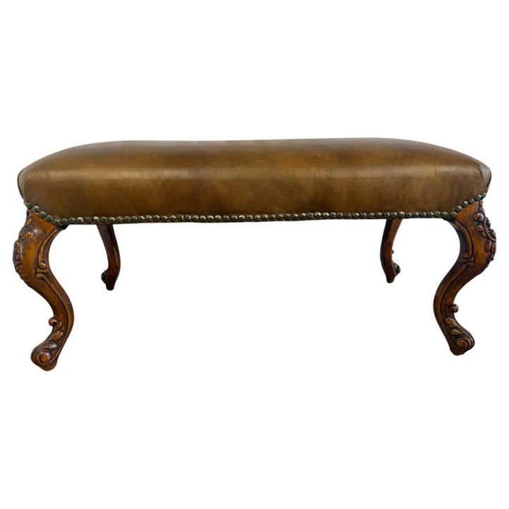 Antique French Louis XV Bench, Hand-Carved Wood &amp; Brown Leather
