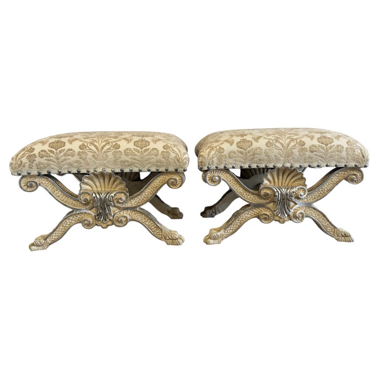 Pair of Italian Venetian Baroque Curule Stools - Hand - Carved Silvered Gilt