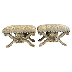 Pair of Italian Venetian Baroque Curule Stools - Hand - Carved Silvered Gilt