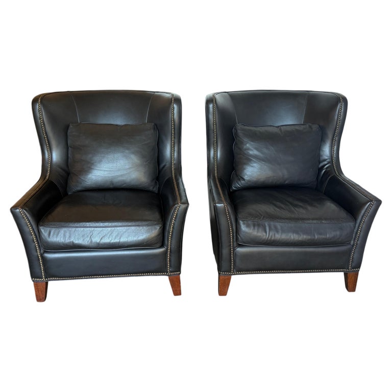 Pair of Thomasville Black Leather Wingback Lounge Chairs