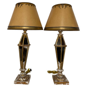 Vintage Italian Mirrored Obelisk Table Lamps, Giltwood, 1940s-50s