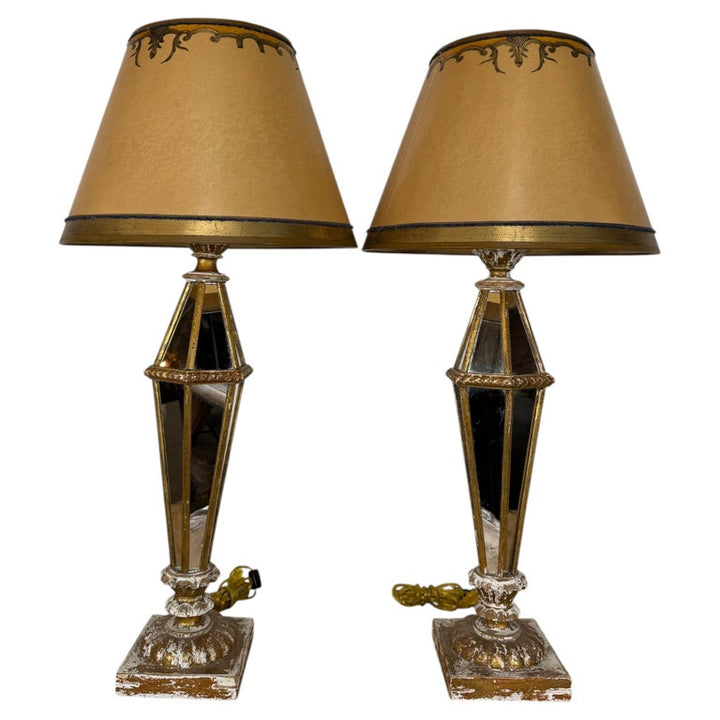 Vintage Italian Mirrored Obelisk Table Lamps, Giltwood, 1940s-50s