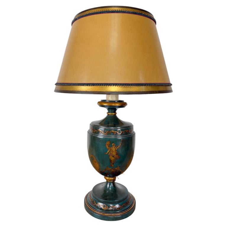 Italian Neoclassical Tole Urn Table Lamp Hand Painted Original Parchment Shade