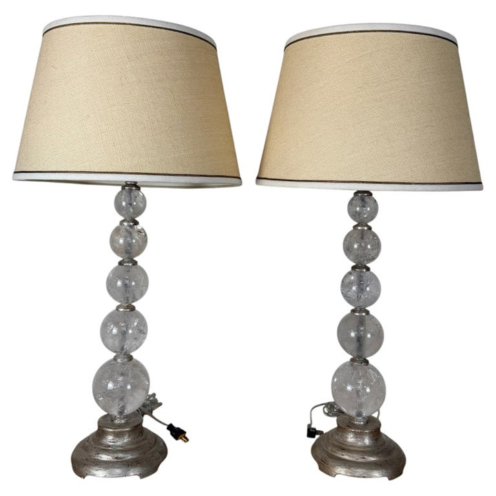 Pair of Hollywood Regency Rock Crystal Stacked Orb Table Lamps - Silver Leaf