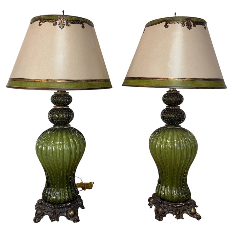 Pair of Vintage Murano Glass Table Lamps - Barovier &amp; Toso Style Olive Green