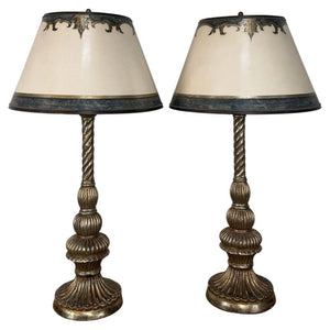Pair of Italian Baroque Barley Twist Table Lamps - Silvered and Giltwood