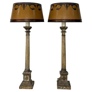 Pair of Italian Neoclassical Corinthian Column Table Lamps Distressed Giltwood
