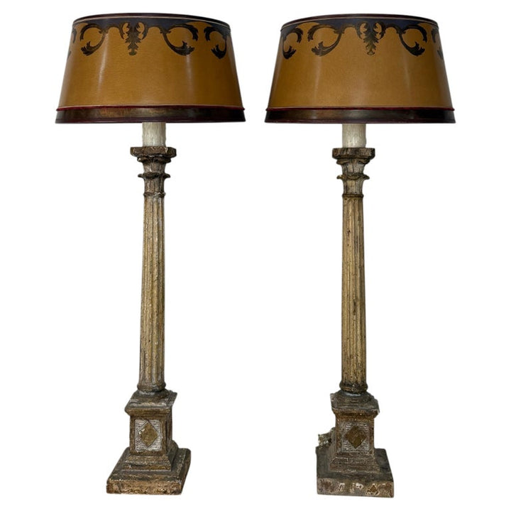 Pair of Italian Neoclassical Corinthian Column Table Lamps Distressed Giltwood
