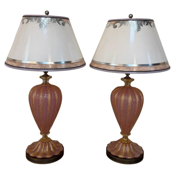 Pair of Murano Pink and Gold Glass Table Lamps w/ Coordinating Parchment Shades