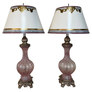 Pair of Murano Pink Bullicante Glass Table Lamps - Barovier & Toso Style