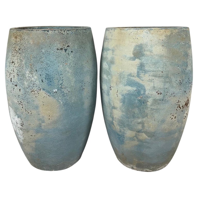 Pair of Large Atelier Vierkant Style Planters - Ocean Blue Patina Barrel Pots