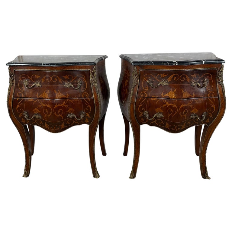Pair of French Louis XV Style Bombe Nightstands - with Marble Tops