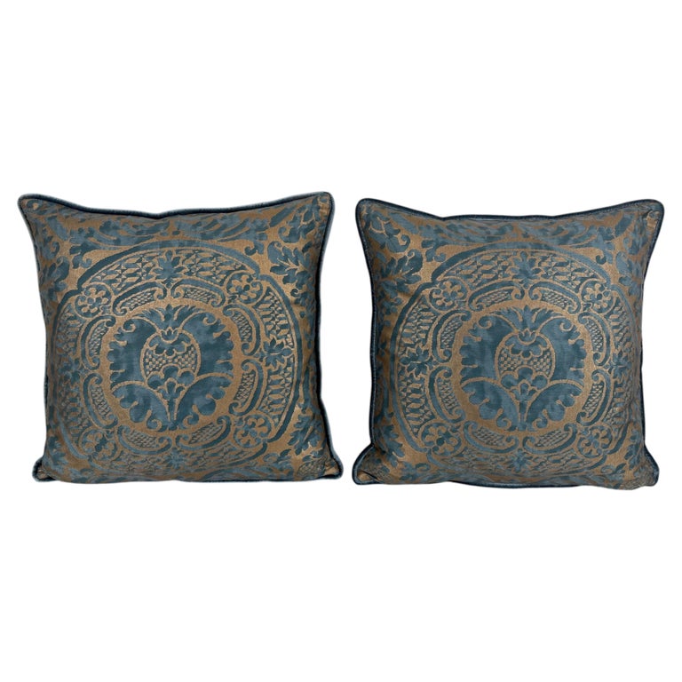 Authentic Fortuny Aquamarine Velvet &amp; Gold Pillows, Italy, 21st Century
