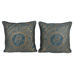 Authentic Fortuny Aquamarine Velvet & Gold Pillows, Italy, 21st Century