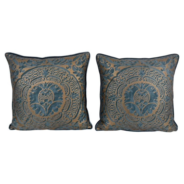 Authentic Fortuny Aquamarine Velvet &amp; Gold Pillows, Italy, 21st Century