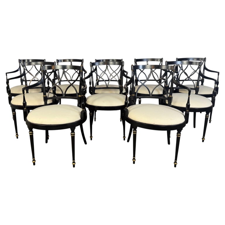 Set of Ten Regency-Style Ebonized Dining Chairs with Linen Seats