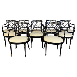 Set of Ten Regency-Style Ebonized Dining Chairs with Linen Seats