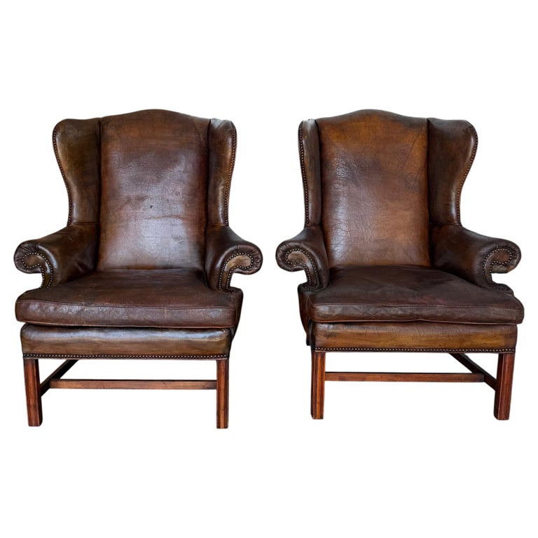 Pair of English Georgian Style Wingback Armchairs - Distressed Brown leather