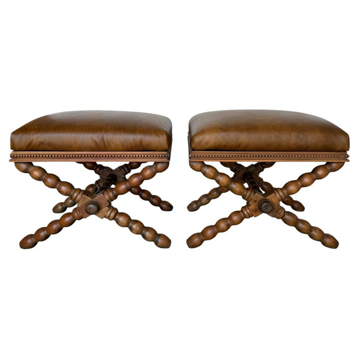 Pair of Spanish Colonial Baroque Bobbin - X-Base Stools with Distressed Leather