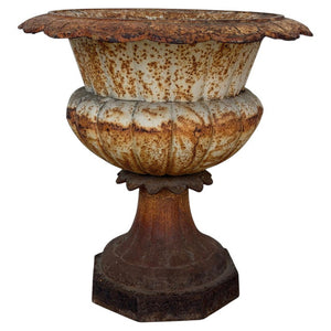 Antique French Cast Iron Garden Urn, Distressed Patina, 19th Century