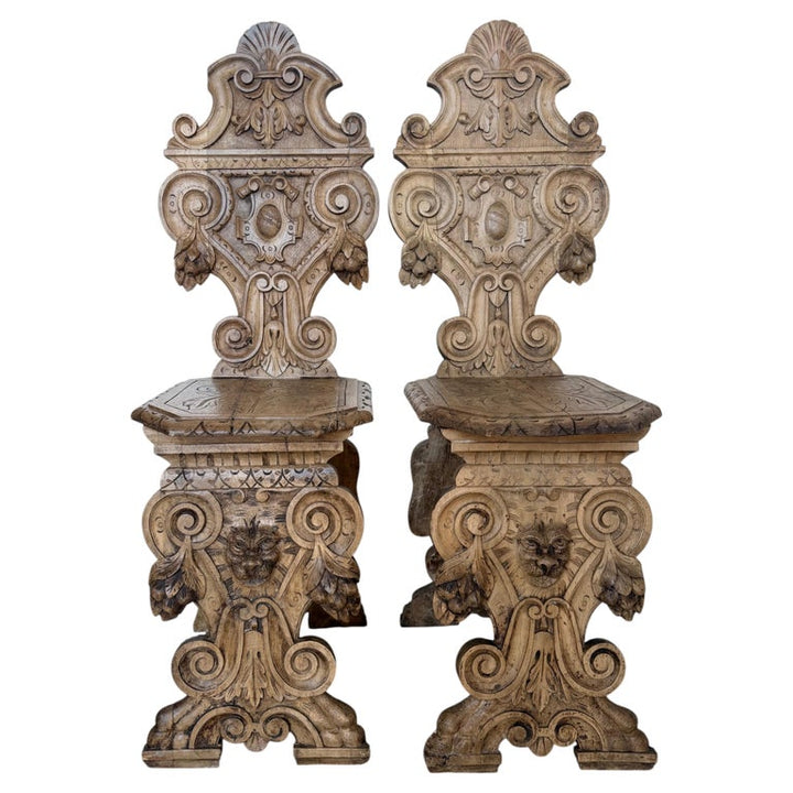 Pair of 19th C. Italian Renaissance Sgabello Hall Chairs - Heavily Carved Walnut
