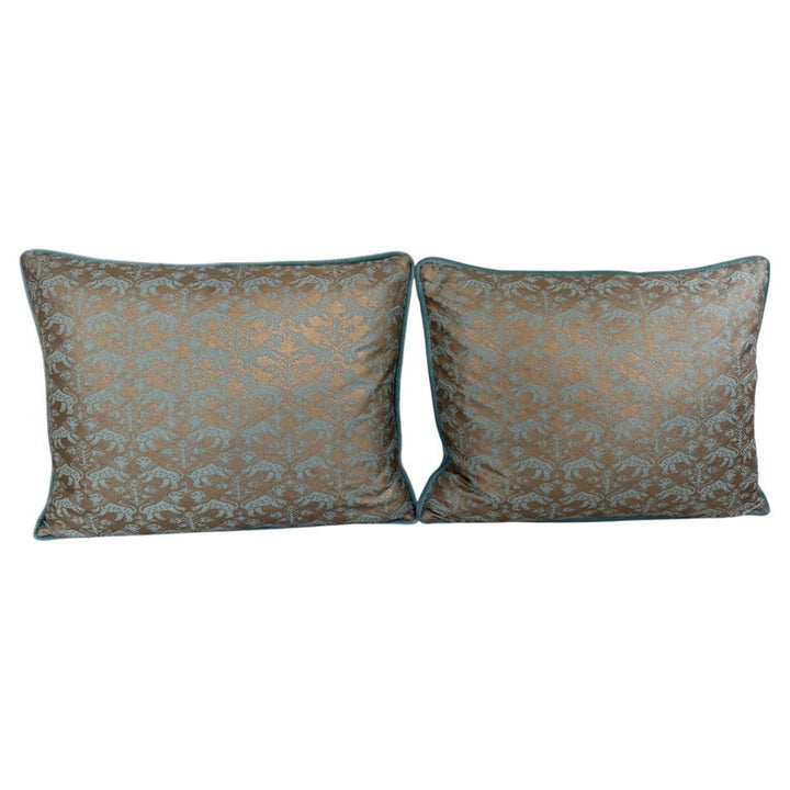 Pair of Richelieu Lions in Aquamarine and Gold Velvet Fortuny Pillows