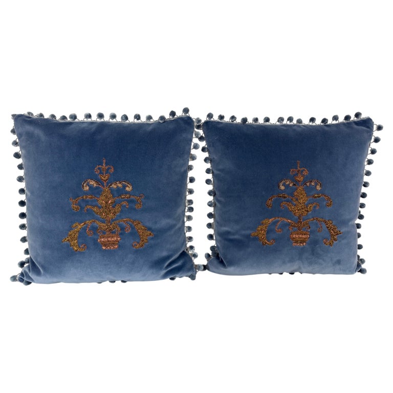 Pair 19th Century French Metallic Applique - Hand-Embroidered Velvet Pillows