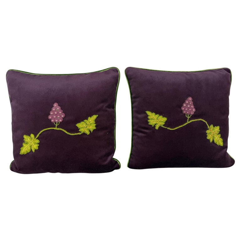 Pair of Aubergine Velvet Pillows - Antique Hand-Embroidered Grape Vine Applique