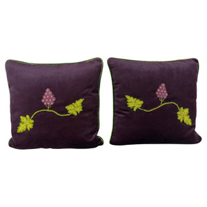Pair of Aubergine Velvet Pillows - Antique Hand-Embroidered Grape Vine Applique