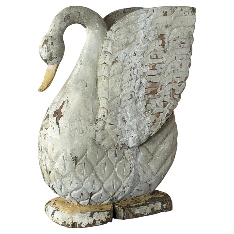 Large Antique Folk Art Carved Wood Swan - Original White Patina