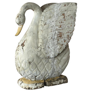 Large Antique Folk Art Carved Wood Swan - Original White Patina