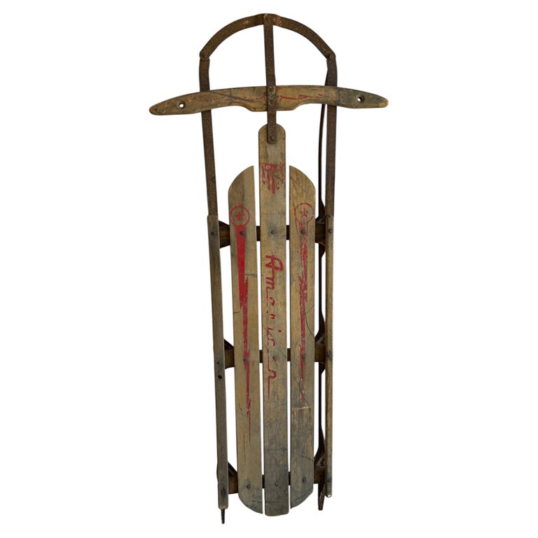 Antique American Wooden Sled with Original Red Graphics