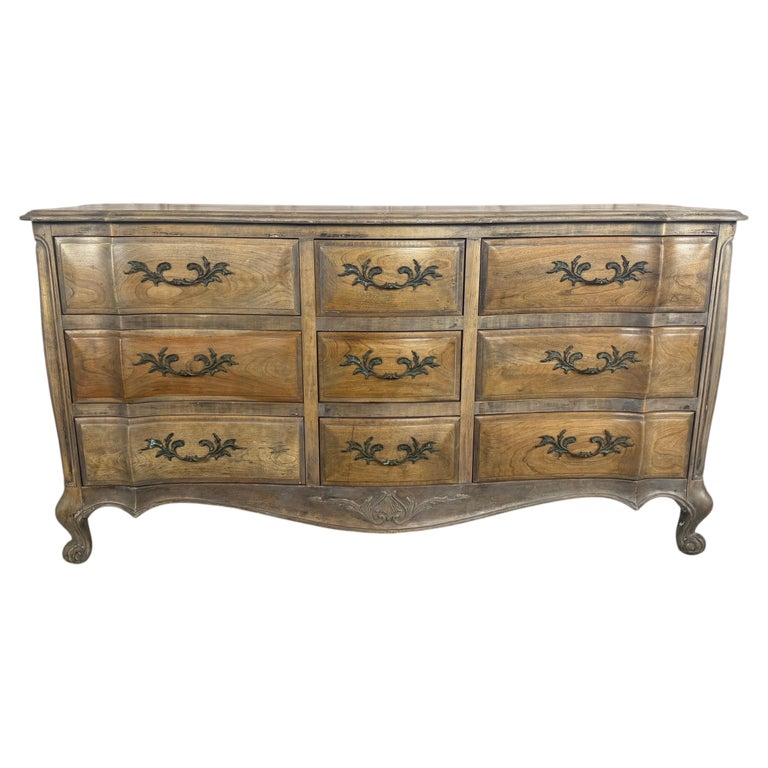 French Louis XV Style 9-Drawer Bombe Dresser in Bleached Fruitwood