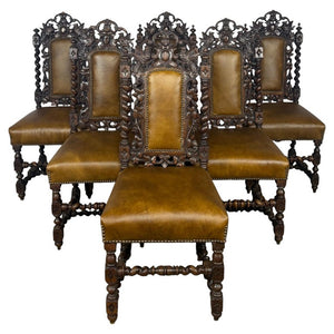 Set of 6 Antique Jacobean Hunt Chairs in Heavily Carved Oak with Cognac Leather