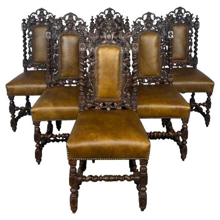 Set of 6 Antique Jacobean Hunt Chairs in Heavily Carved Oak with Cognac Leather