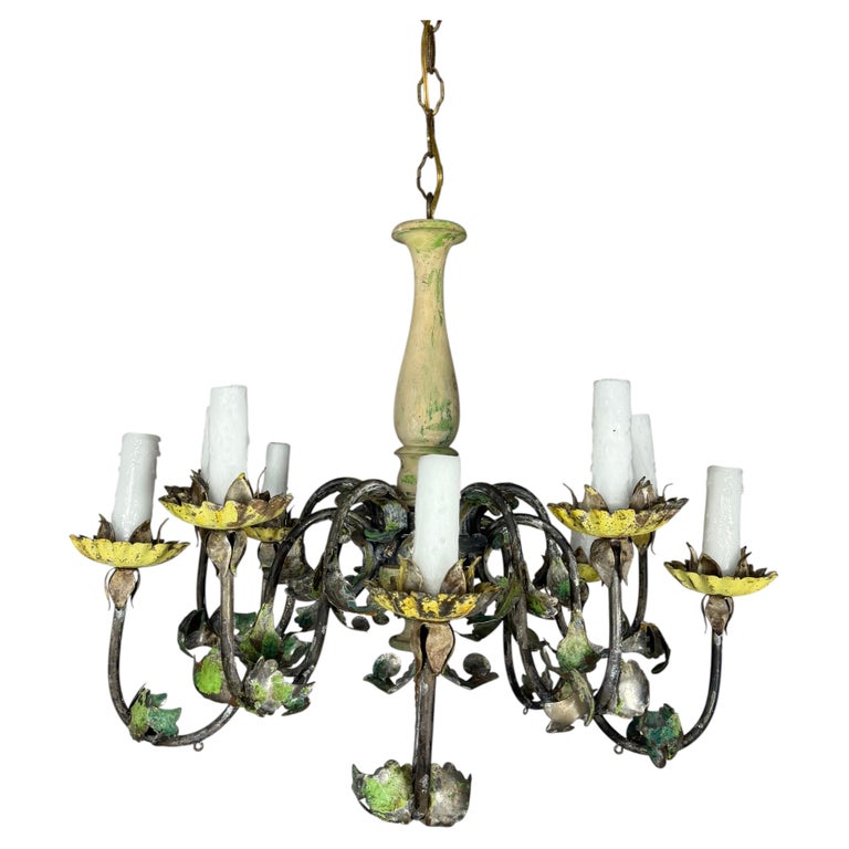 Italian Tole 10-Lights Florentine Chandelier with original Polychrome Patina