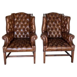 Georgian Wingback Armchairs, Leather Upholstery, Circa 1940s