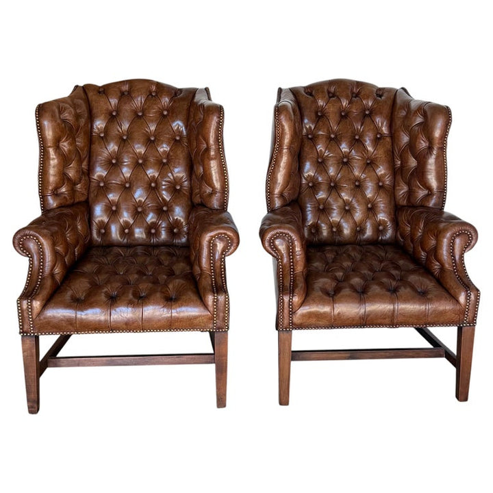 Georgian Wingback Armchairs, Leather Upholstery, Circa 1940s