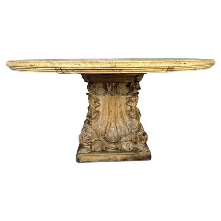 French Baroque Revival Round Dining Table, Distressed Wood C. 1900&