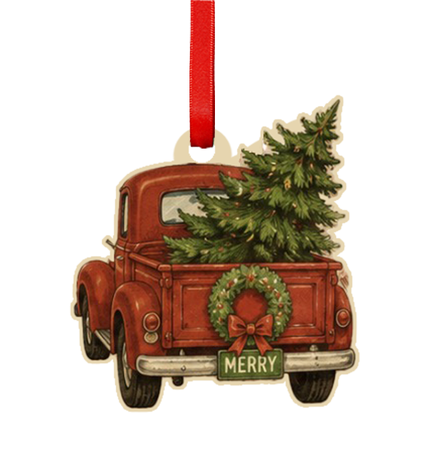 Vintage Truck with Christmas Tree Wooden Ornament
