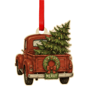 Vintage Truck with Christmas Tree Wooden Ornament