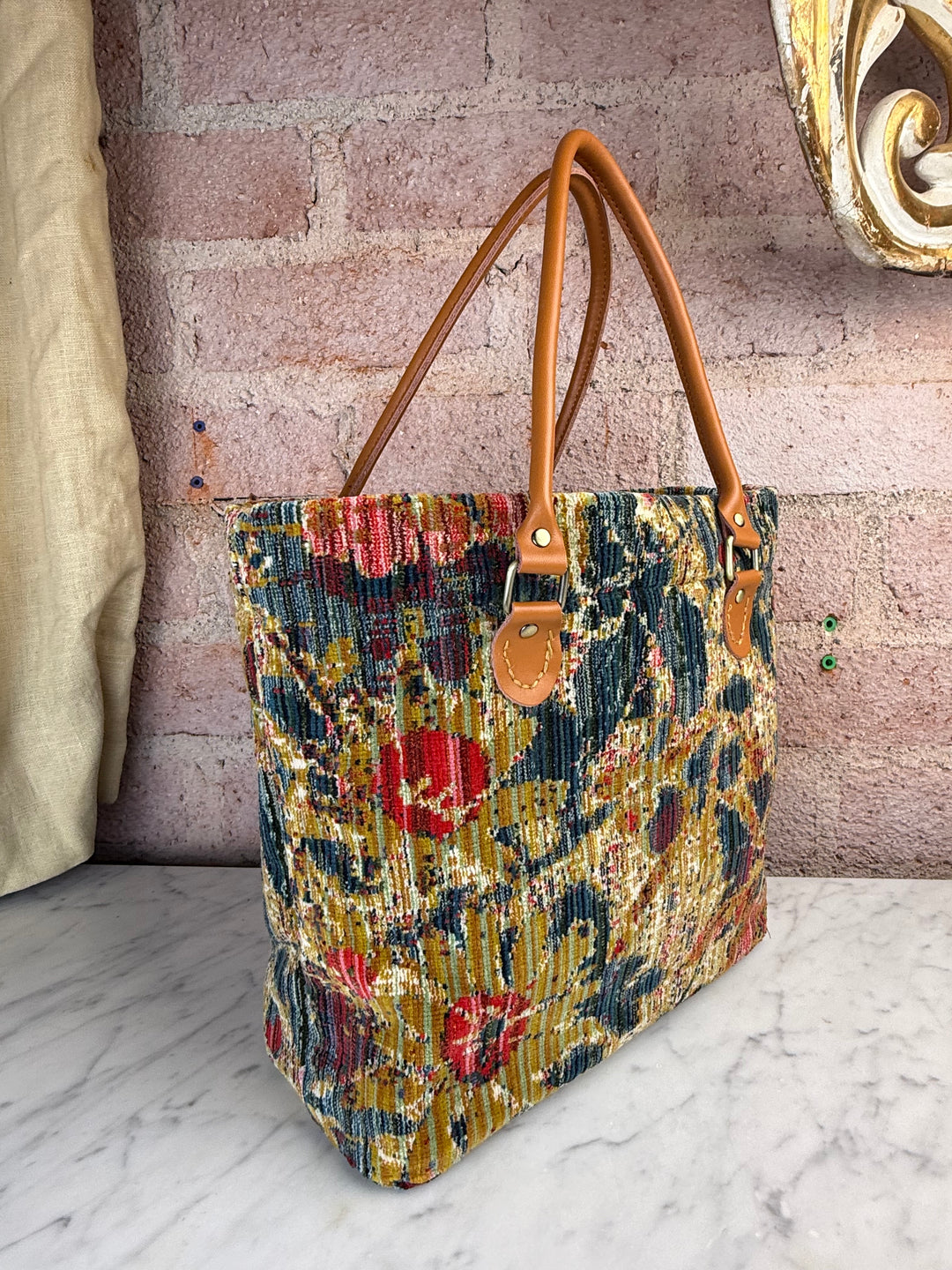 Floral Tapestry Handbag with Leather Handles by Melissa Levinson
