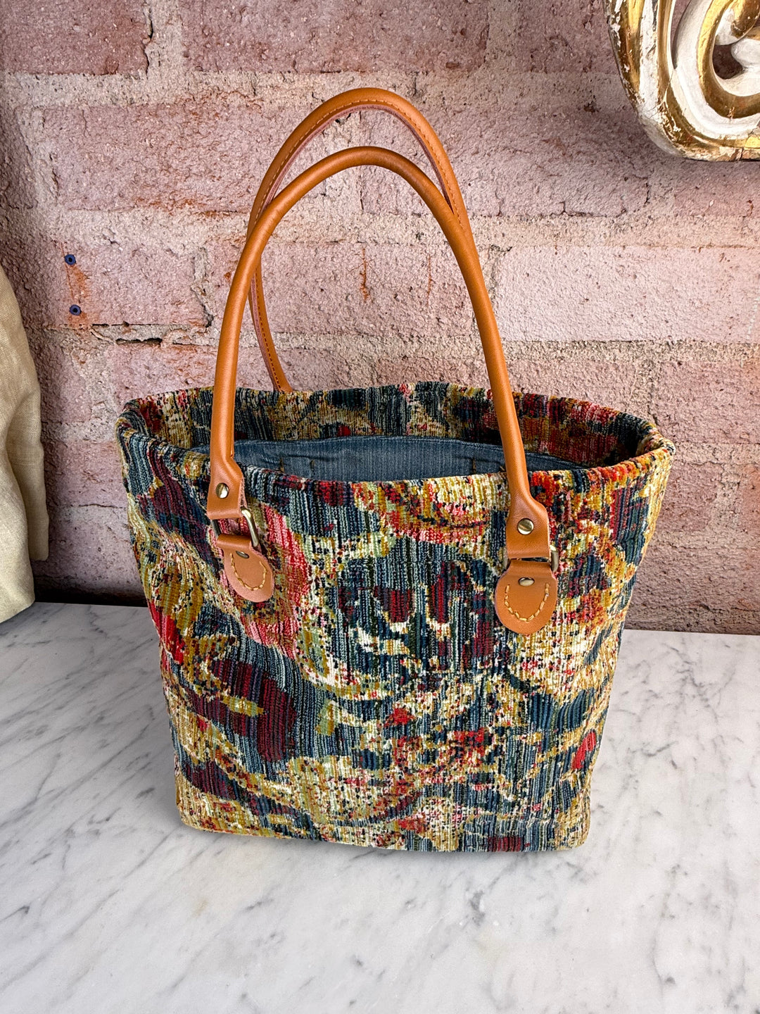 Floral Tapestry Handbag with Leather Handles by Melissa Levinson