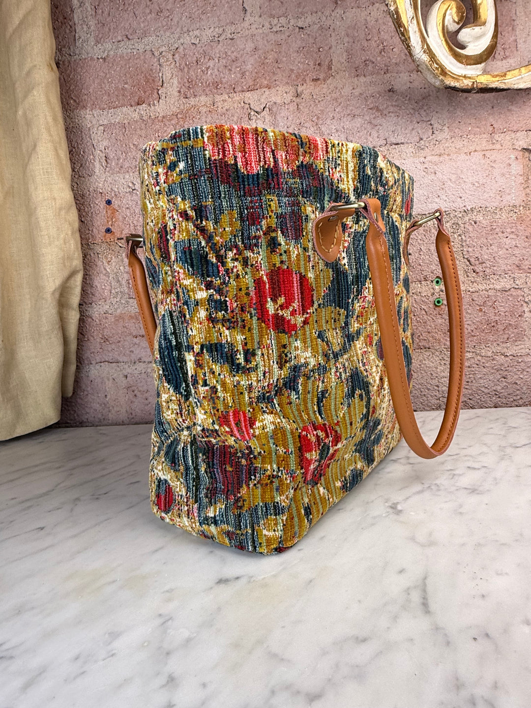 Floral Tapestry Handbag with Leather Handles by Melissa Levinson