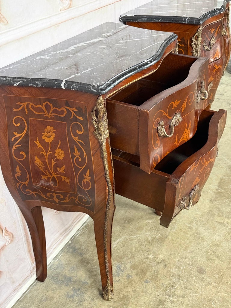 Pair of French Louis XV Style Bombe Nightstands - with Marble Tops