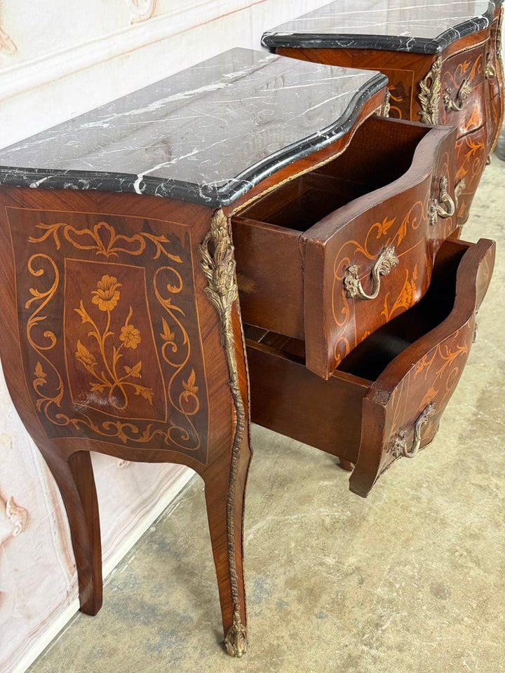 Pair of French Louis XV Style Bombe Nightstands - with Marble Tops